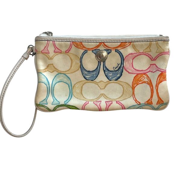 Coach Scribble Signature Wristlet Womens Chalk Multicolor Vintage Wallet - Picture 1 of 8